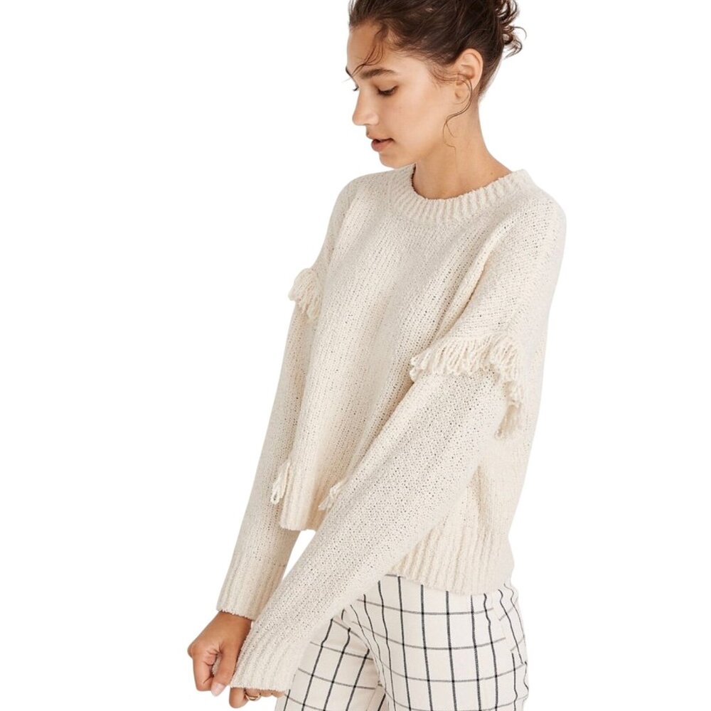 Madewell Montford Fringe Pullover Sweater Ivory Cream Soft Knit Size XL
